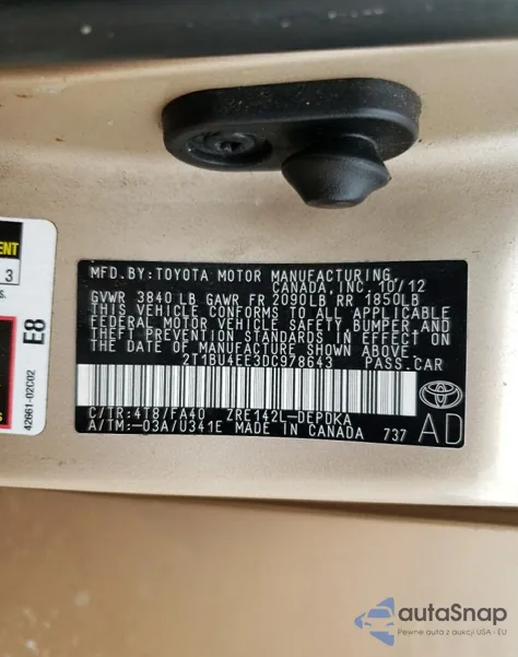 2013 Toyota Corolla Base from USA, damaged, VIN 2T1BU4EE3DC978643